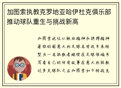 加图索执教克罗地亚哈伊杜克俱乐部推动球队重生与挑战新高